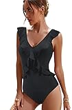 JFAN Trajes de Baño de Una Pieza para Mujer Monokini Ropa de Baño Cuello en V Floral Volantes Traje de Una Pieza Bikini Bañadore Set Negro,XL