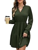 CMTOP Vestido Mujer Manga Larga Cuello en V Vestidos Elegante Casual Midi Cintura Alta Vestido de Punto con Bolsillos Dress Otoño Primavera