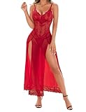RSLOVE Mujeres Sexy Lencería Encaje Babydoll Malla Larga Chemise Ropa de Dormir Vino Rojo Small