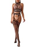 Gatamiau Conjunto de Lencería de Rejilla Sexy para Mujer Top Halter + Medias con Liguero, Malla Ropa Interior Transparente Bodystocking Fishnet Lingerie Babydoll Mono Clubwear (Negro, Talla única)