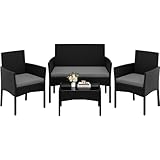 Yaheetech Conjunto Jardin Exterior Muebles Ratán de Jardín de 4 Piezas, 1 Sofá, 2 Sillas con Cojines y 1 Mesa con Vidrio para Patio/Terraza/Balcón (Negro/Gris Claro)