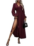 LUVCES Vestido Mujer Elegante Plisado Cuello en V Vestido Cintura Alta Manga Larga Dividido Vestido Largo Causal Otoño Invierno Vestidos de Cóctel Fiesta Rojo púrpura M