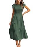 CMTOP Vestido Mujer Verano Largo Vestido Playa Manga Volante Cuello Redondo Sólido Elegante Vestidos Largos Cintura Elástica Casual Vestido en Capas Línea A(Verde Militar,M)