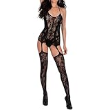 NewBull Body Lencería con Medias Sexy Ropa Interior de Jacquard para Mujeres Halter Body con Ligueros sin Entrepierna Una Pieza Medias de Red Conjunto de Lencería de Rejillas Elástica
