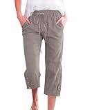 Voqeen Mujer Pantalones Verano de Algodón Frescos Pantalón Cintura Alta Elástico con Bolsillos Casual 3/4 Pantalones Anchos con Cordón Ligeros y Cómodos
