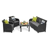 Keter - Conjunto de Jardín Sanremo con Dos sillones y sofá de 3 plazas con Mesa Auxiliar, Resina imitación ratán Trenzado.