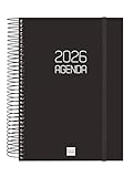 Finocam - Agenda Espiral 2026 1 Día Página | Enero - Diciembre (12 meses) | Agenda Anual 2026 con goma | Tapa de polipropileno Espiral Opaque - Negro - Español