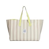 Ponette - Bolsa de Playa Familiar XXL de Rayas Tostado y Arena con Asas Amarillo y Crudo, Forro, Bolsillo, Cintas para Cierre, Playa, Piscina, Tote, Marca Española