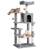 Feandrea Árbol para Gatos, Altura 143 cm, Torre de Gatos, con 4 Postes Rascadores, 2 Plataformas, 1 Cueva, 1 Hamaca, 2 Pompones, Tela de Felpa, Multinivel, Gris Claro PCT161W01