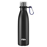 YISH Botella Termica 500ml Botella Termo: Botella Agua Acero Inoxidable, Cantimplora,10H Frio/Calor con Mosquetón para Deporte, Gimnasio, Oficina, Escuela, Viaje, Exterior, Negro