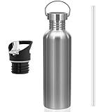 lompyeu Botella Agua Acero Inoxidable 1000ML (1 Litro) - Cantimplora Acero Inoxidable Sin BPA, Reutilizable Ligera y Sin Fugas, Dos Tapas para Gym, Gimnasio, Deporte, Oficina y Niños