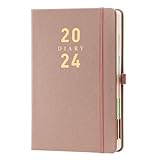 Agenda 2024 A5, planificador diario 2024, página por día, tapa dura, soporte para bolígrafos, (A5, rosa)