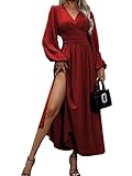 LUVCES Vestido Mujer Elegante Plisado Cuello en V Vestido Cintura Alta Manga Larga Dividido Vestido Largo Causal Otoño Invierno Vestidos de Cóctel Fiesta Burdeos XL