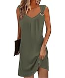 Vestidos Mujer Verano Cuello en V Sin Mangas Vestido de Playa Elegante Moda Vestidos Color Sólido Casual Suelto Camisolas (Verde, M)