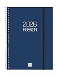 Finocam - Agenda Espiral 2026 Semana Vista Horizontal | Enero - Diciembre (12 meses) | Agenda Anual 2026 con goma | Tapa de polipropileno Espiral Opaque - Azul - Español