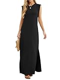 GRECERELLE - Vestido largo sin mangas para mujer, estilo camisero informal de verano, elegante, clásico, con abertura y bolsillos, 01 Negro, L