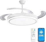 LEDUNI Ventilador de Techo LED con Aspas Retráctiles - 66W, 30W Motor DC+36W Luz 2880LM, Blanco, CCT 3000-6000K, con Control Remoto Funcion verano e invierno (Blanco nieve)