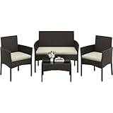 Yaheetech Conjunto de Muebles Ratán de Jardín 4 Piezas, 1 Sofá 2 Sillones con Cojines y 1 Mesa con Vidrio para Patio/Terraza/Balcón (Marrón/Beige)