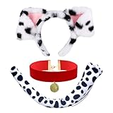 XNIVUIS 3 Piezas Disfraz de Dálmata para Niño Adulto, Disfraz de Perro Animal con Orejas de Perro Cola de Perro Collar, Disfraz de Animal Dálmata para Halloween, Carnaval, Fiesta, Cosplay (White)