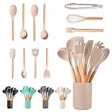 JUPPLIES Juego de Utensilios de Cocina de Silicona 12 Piezas con Mangos de Madera y Soporte Organizador – Set Antiadherente Resistente al Calor – Apto para Todas Las Ollas y Sartenes - Marrón