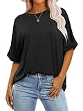 Cuptacc Camiseta Mujer Oversize Camiseta Mujer Top Verano Elegante Escote Redondo Top Blusa Básica Camiseta Negro XL 46-48