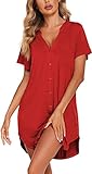 Camisones de Mujer Vestido Pijama con Cuello en V y Botones Camisón de Manga Corta Cómodo y Casual Lencería y Ropa Pijama(Rojo,M)
