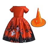 Disfraz de bruja de Halloween para niñas, disfraz de cosplay de rendimiento para niños, disfraz de mascarada con sombrero de bruja de 100 cm, naranja, 120 cm