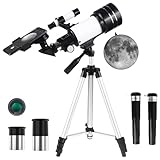 Misilmp Telescopio para Adultos, 70mm Apertura 300mm Telescopios para Principiantes Astronomía con Lentes, Visor, Trípode, Soporte Móvil, Portátil Refractor Telescopio para Niños & Adultos (Blanco)