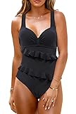 JFAN Bañadores Mujer Trajes de Baño de Una Pieza Push Up Bikini Bandeau con Volantes Bañador Mujer Reductor Barriga Negro L