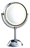 BaByliss 8438E Espejo de maquillaje de doble cara con X1 y X8 aumentos, cuenta con 3 ajustes de luz, 2 bombillas, espejo cromado