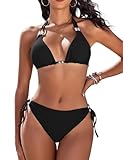 CMTOP Bikini Mujer Conjunto de Bikini Halter Triángulo Bikini Top y Braga de Bikini con Ajustable Cordón de Cintura Alta Sólido Traje de Baño 2 Piezas Sexy de Playa(Negro_1, L)