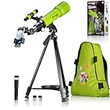 Bresser telescopio astronómico Refractor de Viaje para niños y Principiantes 70/400 Montura AZ con trípode, Adaptador para móvil, Mochila Verde