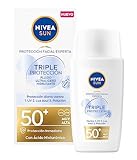 NIVEA SUN Crema solar Triple Protección FP50+ con ácido hialurónico (40 ml), protector solar facial 50+ ultraligero hidratante, protección solar contra UV, luz azul y polución