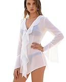 NLAND Camisa de Playa para Mujer Ropa de Playaen V Transparent Blusa de Verano con Volantes Bikini Cover up,Blanco