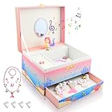 KOMABLEN Sirena Joyero Musical Niña, Caja de Musica con Cajón Extraíble, Caja Musical con Juego de Joyas e 4 Protector Esquinas, Mundo submarino Jewelry Box Regalo de Cumpleaños de 3-10 años