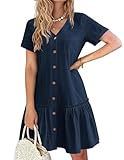 Hotouch Vestido Camisero Mujer Verano Lino Elegante con Botones Vestido Veraniego Manga Corta Túnica Escote en V Vintage Mini Azul Marino M