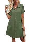 Niwicee Vestidos Verano Mujer Manga Corta Cuello V Mini Vestido Mujer Algodón Rectos Sueltos Botones Vestido Camisero Casual Vestidos de Playa con Bolsillos(Verde,L)