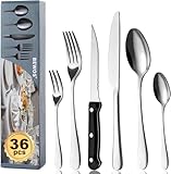 BEWOS Juego de cubiertos para 6 personas, cuberteria acero inoxidable de 36 piezas con cuchillos para carne, Cuchillo Cuchara Tenedor Cubiertos Set Espejo Pulido, Apto para Lavavajillas