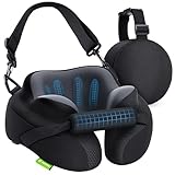AUVON Almohada de Viaje Cuello con Soporte de Barbilla y Correas para Asiento de Avión, Estabiliza la Cabeza para Dormir Cómodamente, Cojín Cuello Viaje de Espuma Viscoelástica Transpirable