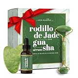 Gua Sha Facial y Rodillo de Jade Auténtico + Sérum Facial de Vitamina C | Kit Masaje Facial Completo Para Rutina de Belleza, Efecto Revitalizante, Antiarrugas y Lifting Para una Piel más Joven