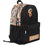 Fortnite Mochila escolar para niños, color negro, grande, A4, multicompartimento, bolsa de viaje con bolsillos de malla y correas acolchadas ajustables para los hombros, Negro/naranja