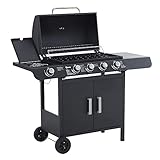 Outsunny Barbacoa de Gas con 4+1 Quemadores 14,4 KW Mesas Laterales Armario de Almacenaje Termómetro y 2 Ruedas Acero Inoxidable BBQ 125x51x100 cm Negro