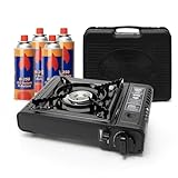 BESCH Hornillo de Gas Portátil para Acampada con Maletín + 4 Cartucho de Gas Butano - Estufa de Camping con Protección contra Sobrecalentamiento Compatible con Cartuchos de Gas Butano