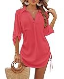 JFAN Vestido de Playa para Mujer Camisas Largos Cuello en V de Bikini Cover up Color Sólido Chic con Verano Casual Blusa de Playa con Boton,Magenta Talla única