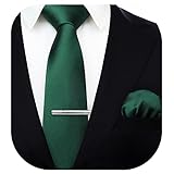 HISDERN Corbata de boda Verde scuro asargada Hombres clasico Corbata & Plaza de bolsillo Conjunto de clip
