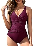 heekpek Bañador Mujer Reductor Barriga y Push Up Vientre Plano Bañadores Mujer Natacion Sexy Cuello en V Cruzado Delantero Traje de Baño Una Pieza, Rojo Vino, M