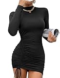 Rongseng Vestido Mujer Manga Larga Sexy Ajustado Cuello Alto Elástico Lado Cordón Mini Elegante Informal Slim Fit Color Sólido Invierno para Fiesta Cóctel Club