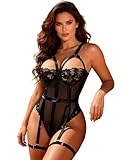comeondear Body Sexy Mujer Encaje Talla Grande Body Lenceria Transparente con Ligueros Hot Conjunto de Lenceria Sin Mangas Babydoll Tirantes Sexy Lingerie for Women Ropa Interior Negro,M-L