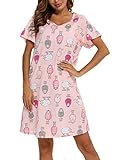 ENJOYNIGHT Camisón de Manga Corta para Mujer Camisones de Algodón Estampado Pijama de Verano (Large,Oveja Rosa)