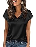 Zeagoo Blusa satén Mujer Manga Corta Cuello en V Seda Tops Elegantes Camisas de Negocios Blusa de Seda de Verano Silk Blouse Tshirt Negro XL